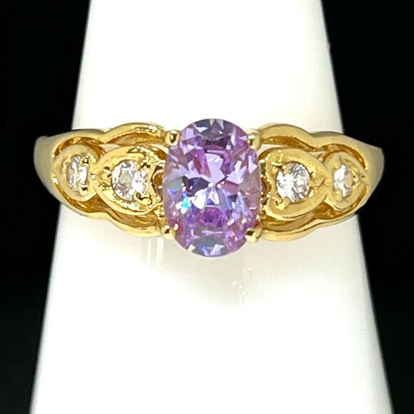 Vintage Ring Size 5 Purple Cubic Zirconia Accents 14K Gold Plate Mid-Century 14J - Picture 6 of 10